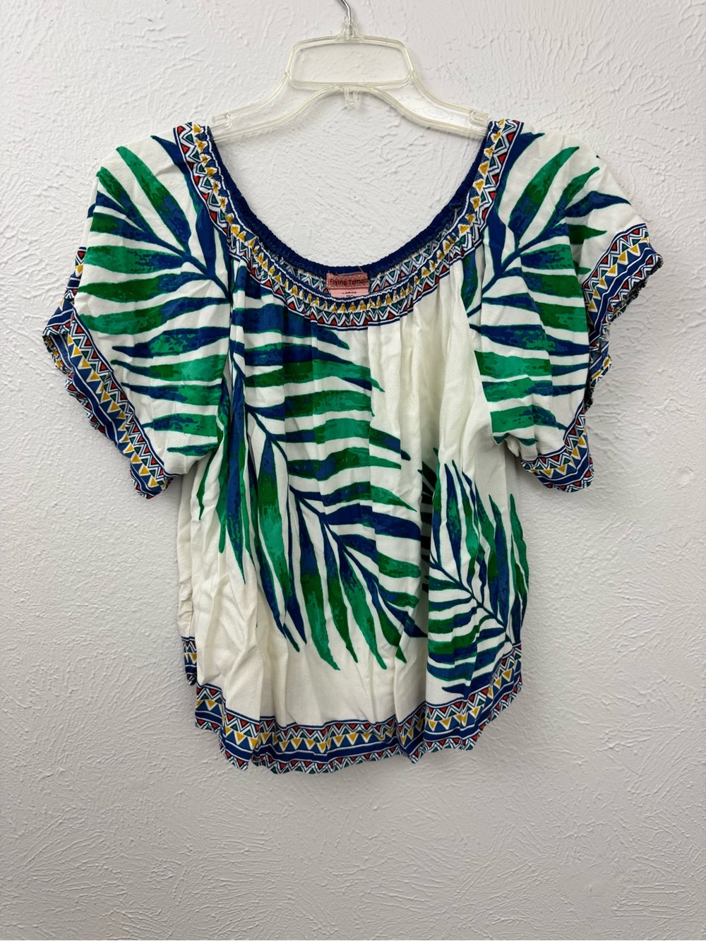 Flying Tomato Tropical Palm Leaf On or Off Shoulder Top Women’s Large Boho Rayon